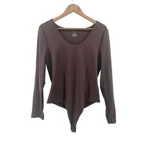 nuuds Bodysuit Women XL Brown Scoop Neck Long Sleeve Snap Crotch Nylon Spandex